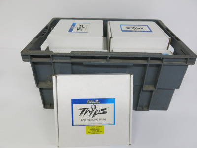 Crate Containing 10 Boxes of Walsh Trips Ear Piercing Studs. (Note Crate Not Included, Some Boxes May Be Incomplete).