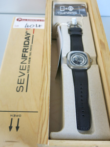 Seven Friday P1B/01 10400, 44.3mm Gentleman's Automatic Wrist Watch with Black Leather Strap in Wooden Presentation Box (New/Boxed). RRP &pound;1020.
