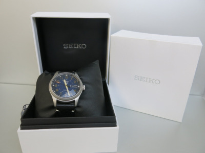 Seiko 5 Sports Field Military Automatic Blue Dial Ref SRPG39K1 40mm Gentleman's Wrist Watch with Black Day/Date Dial, with Leather Strap. New/Boxed in Presentation Box. RRP &pound;280.