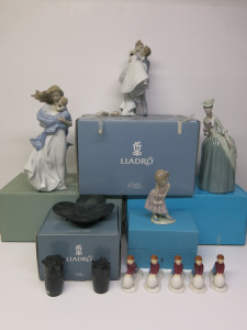 Quantity of Lladro China to Include: 3 x Large Ornaments (1 x Damaged), 1 x Girl Ornament, 5 x Boy with Snowball Ornament, 1 x Dish & 1 x Set of Salt & Pepper. NOTE: majority with boxes.