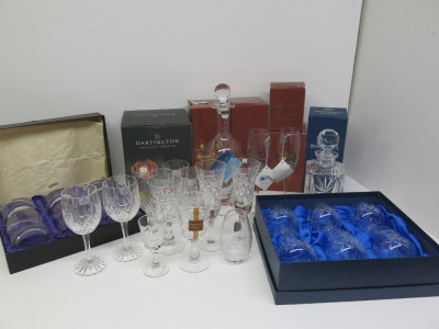 Quantity of Dartington, Bohemia, Solitaire Crystal & Royal Brierley Crystal Glassware to Include: 2 x Sets of 6 Tumblers, 2 x Decanters, Set of 4 Tall Glasses, Pair of Champagne Flutes, 2 x Pairs of Wine Glasses, Set of 3 Wine/Sherry Glasses & 1 x Other.
