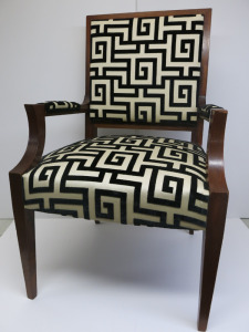 Vintage Dark Wood Armchair with Art Deco Upholstered Arms, Back & Sprung Seat.