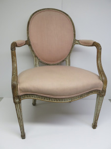 Vintage Oval Back Wooden Armchair, French Chabby Chic Design, with Light Pink Upholstered Arms, Back & Seat.