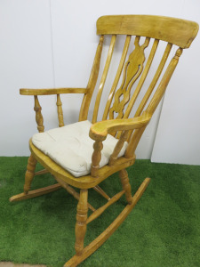 Vintage Varnished Wooden Rocking Chair with Cushion.