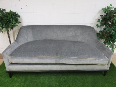 George Smith Made in England, Grey Fabric with Cream Detail, Curved Back Sofa on Black Painted Wooden Base. Large Foam & Feather Filled Seat Cushion. Size H80 x W180 x D98cm.