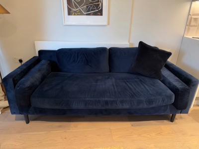 Blue Crushed Velour Fabric Sofa with Base, Side & Back Cushions on Black Wooden Legs.