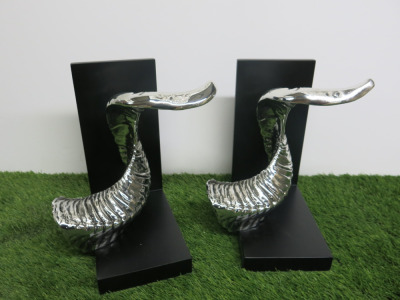 Pair of Chrome Effect Ram Horn Bookends. Size H 26cm.