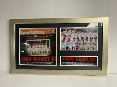 Picture & Newspaper Cut Out " Our Worst & Best XI. Framed & Glazed. Size 45 x 77cm.