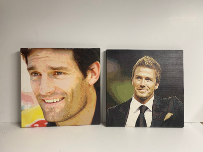 2 x Stretched Prints on Canvas Mark Webber & David Beckham. Size 40 x 40cm.