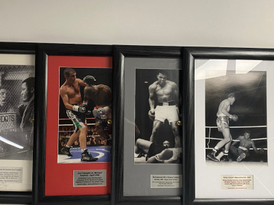 4 x Framed & Glazed Boxing Photos with Wright Ups, Mohammed Ali with Joe Frazier, Sonny Liston & Henry Cooper, plus Joe Calzaghe & Bernard Hopkins. Size 33 x 50cm.
