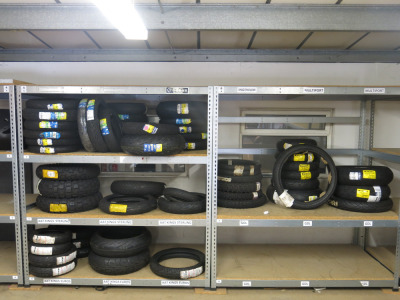 59 x New Assorted Branded Motor Bike, Scooter & Off Road Motor Bike Tyres to Include: 25 x Michelin, 10 x Bridgestone, 7 x Pirelli, 1 x Avon, 5 x Continental, 6 x Mitas, 3 x Metzeler & 2 Others (As Viewed/Pictured).