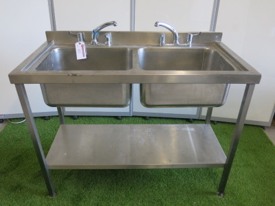 Stainless Steel 2 Bowl Sink with Swan Neck Taps & Shelf Under, Size H92 x W120 x D60cm