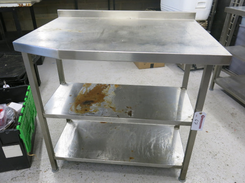Stainless Steel Prep Table with 2 Shelves Under & Part Splash Back. Size H90 x W95 x D70cm.