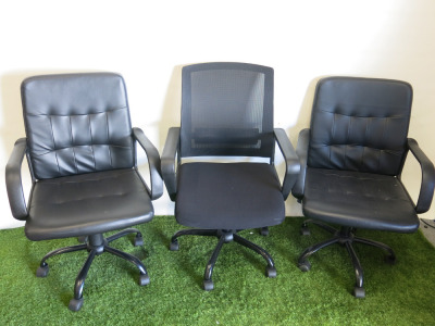 3 x Height Adjustable Black Office Swivel Chairs, 2 x Black Faux Leather & 1 x Mesh.