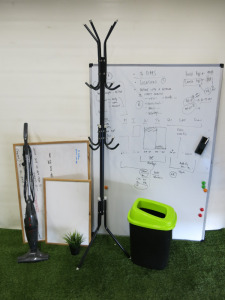 Assorted Office Items to Include: Von Haus Vaccum, Coat Stand, Faux Plant, Bin & 3 x Whiteboards (As Viewed).