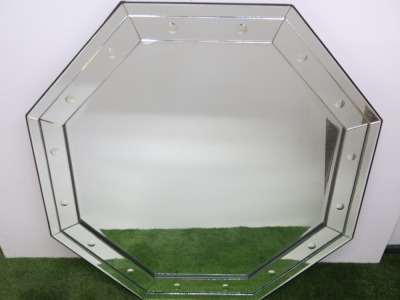 Hexagonal Decorated Bevel Edged Heavy Duty Mirror. Size 110 x 110cm. NOTE: small section broken and glued.