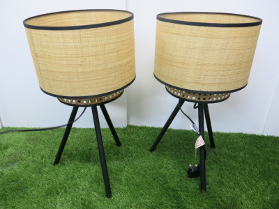 Pair of Matching Side Wicker Lamps on Black Base. Size H50cm.