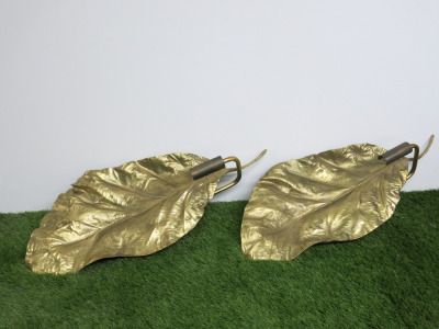 Pair of Gold Coloured Heavy Metal Wall Lights with Large Leaf. Size H54cm.