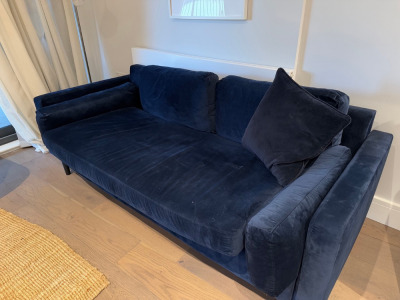 Blue Crushed Velour Fabric Sofa with Base, Side & Back Cushions on Black Wooden Legs.