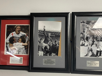 Set of 3 x Framed & Glazed Photos with Wright Up Plaques to Include: England's Heros, England 1966 World Cup Winners & "Handball" Vinnie Jones & Gazza. Sizes 49 x 33cm, England Heroes Size 49 x 33cm.