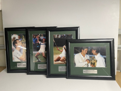 Set of 4 x Iconic Framed & Glazed Tennis Photographs with Wright Up Plaques to Include: Andy Murray, Rafael Nadal, Roger Federer & John McEnroe.