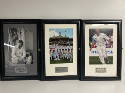 Set of 3 x Framed & Glazed Cricketing Photographs with Wright Up Plaques to Include: Ian Botham, Andrew Flintoff & England Ashes 2011 Team. Size 33 x 50cm.