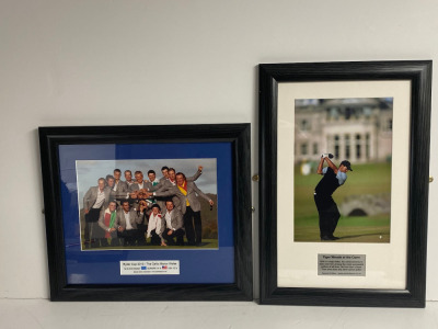 2 x Framed & Glazed Golf Photographs of Tiger Woods Ryder Cup 2010 & The Celtic Manor Wales. Size 33 x 50cm.