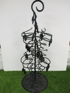 Black Cast Metal 8 Bottle, Grape & Leaf Design Wine Stand. Size H82cm.