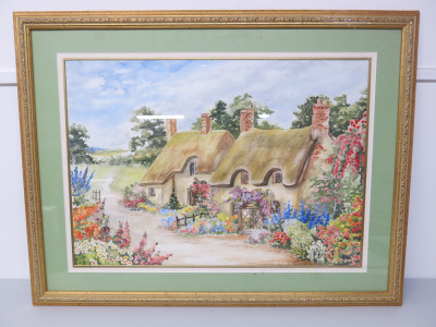 Framed & Glazed Watercolour Scene of Countryside Thatched Cottages. Size H58 x W77cm.