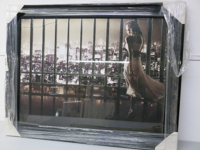 Framed & Glazed Liquid Art of Sepia Lady & City Background. Size H72 x W91cm. NOTE: crack to top left.