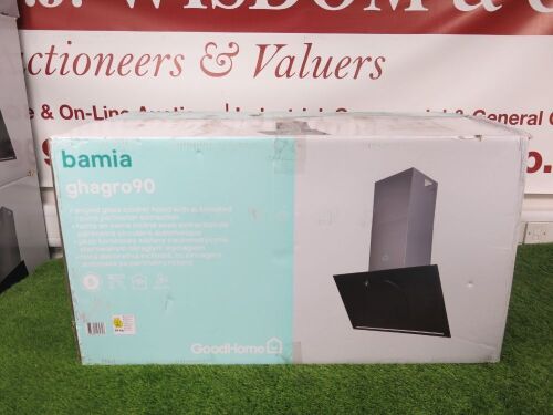Boxed/New GoodHome Bamia Glass Angled Cooker Hoods, Model GHAGRO90.