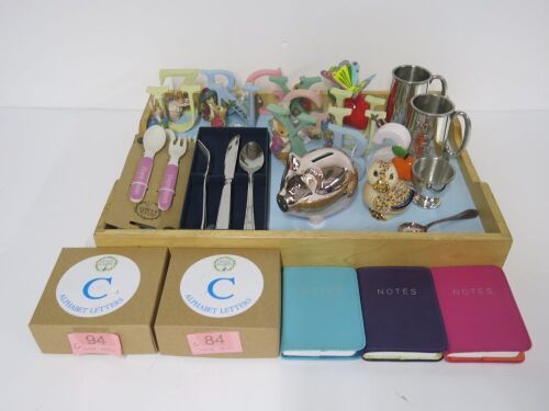 Tray Containing 28 x Assorted Baby & Children's Items, Including Cutlery, Tankards, Notepads, Letter Ornaments & Other (As Viewed).