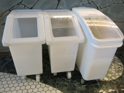 3 x Mobile Ingredient Bins to Include: 1 x Vogue & 2 x Fletcher RM15 TRENTO. NOTE: missing 1 x Perspex lid.