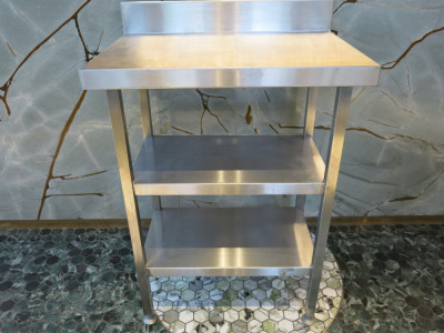 Stainless Steel Prep Table with Part Splash Back & 2 Shelves Under. Size H90 x W79 x D47.