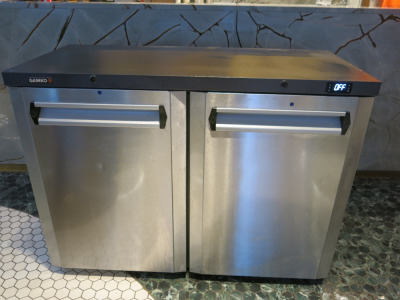 Gamko Anthracite Double Door Undercounter Bottle Cooler, Model MG3/275CS, S/N 202323000228. Size H90 x W120 x D55cm.