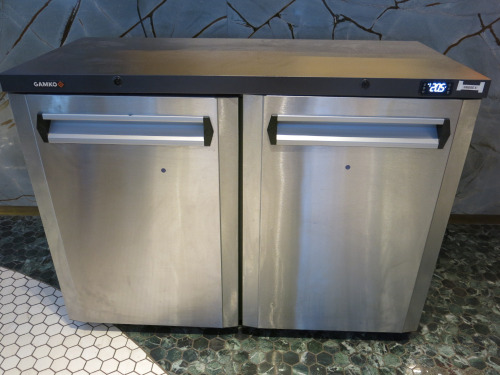 Gamko Anthracite Double Door Undercounter Bottle Cooler, Model MG3/275CS, S/N 202323000230. Size H90 x W120 x D55cm.