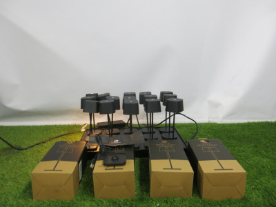 16 x Utopia Montegro Micro Led Cordless Table Lights, Model H32100. Comes with Utopia Multi Contact Charging Shelf with Power Supply & 35 x USB Single Chargers.