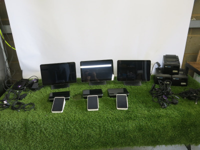 Square Retail Point of Sale System to Include: 3 x 13.5 Terminals, 3 x Displays, Model SPS4-01-A, 3 x Square Terminals, Model SPD2-01, 3 x Star TSP100 Thermal Printers. Comes with Assorted Power Supplies. NOTE: Buyers will be required to register any lice