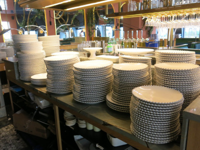Approx 424 x Pieces of Costa Nova Pearl Fine Stoneware Crockery & Genware to Include: 128 x 29cm Plates, 153 x 24cm Bowls, 96 x 22cm Plates, 2 x Cake Stands, 4 x 29cm Dishes, 5 x 33cm Dishes & 36 x 29cm Genware Plates.