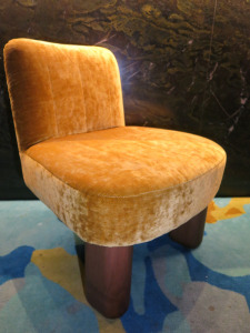 Botolo Style 3 Leg Designer Lounge Low Chair with Ashwood Feet & Upholstered in Gold Velour. Size H60cm.