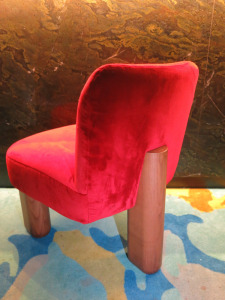 Botolo Style 3 Leg Designer Lounge Low Chair with Ashwood Feet & Upholstered in Red Velour. Size H60cm.