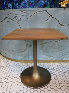 18 x Canaletto Walnut Top Square Wooden Top Dining Tables with Burnished Brass Metal Tulip Pedestal Base. Size H75 x W65 x D65cm.