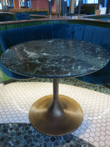 Green Alpi Round Marble Top Restaurant Table with Burnished Brass Metal Tulip Pedestal Base, Size H75 x Dia 90cm.