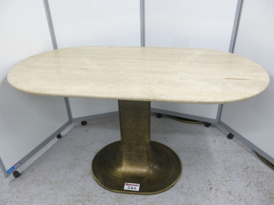Classic Travertine Oval Top Restaurant Tables with Burnished Brass Metal Pedestal Base, Size H75 x W145 x D75cm.