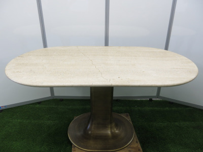Classic Travertine Oval Top Restaurant Tables with Burnished Brass Metal Pedestal Base, Size H75 x W145 x D75cm. NOTE: table top has cracked for spares or repair.