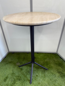 Pedrali Round High Tables Designed by Patrick Jouin with Black Cast Metal Base & Classic Travertine Top. Size 113cm x Dia 70cm.