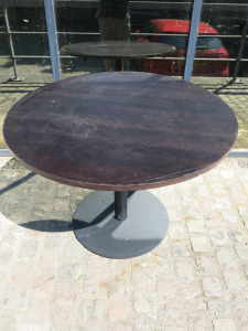 6 x Assorted Sized Dark Wood Dining Tables with Heavy Metal Bases to Include: 2 x Rectangle H75 x W150 x D120cm, 1 x Round H75 x D160cm & 3 x Round H75 x D75cm.