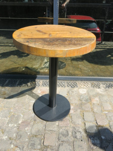 2 x Round Heavy Wooden Top Table with Heavy Metal Base, Size H78 x D60cm.