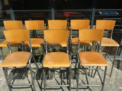 8 x Stalls with Plywood Seats & Back Rest on Metal Frame. Size H113cm. NOTE: condition to 1 seat (As viewed/pictured).