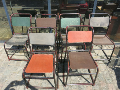 6 x Vintage Plywood Seat Stacking Chairs on Tubular Metal Frame.